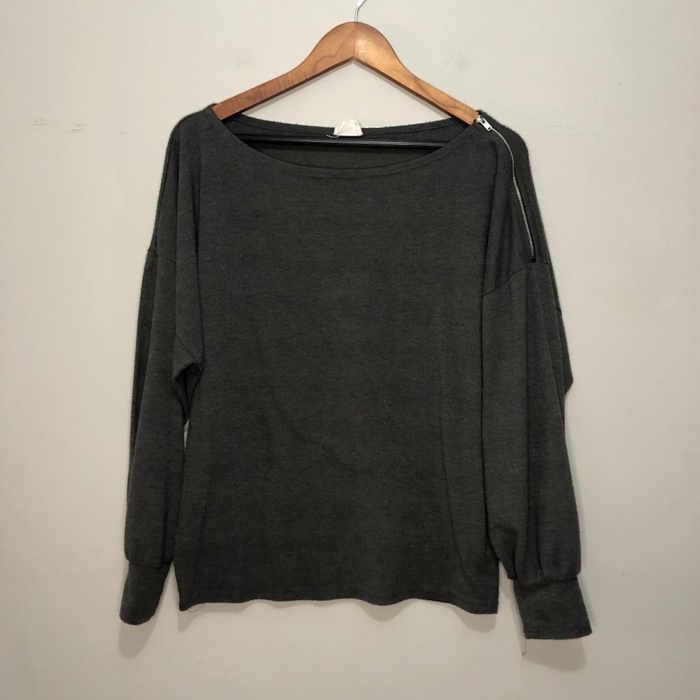 BiBi Long Sleeve Oversized Sweater w/ Zipper Neck Detail Dark Grey Small